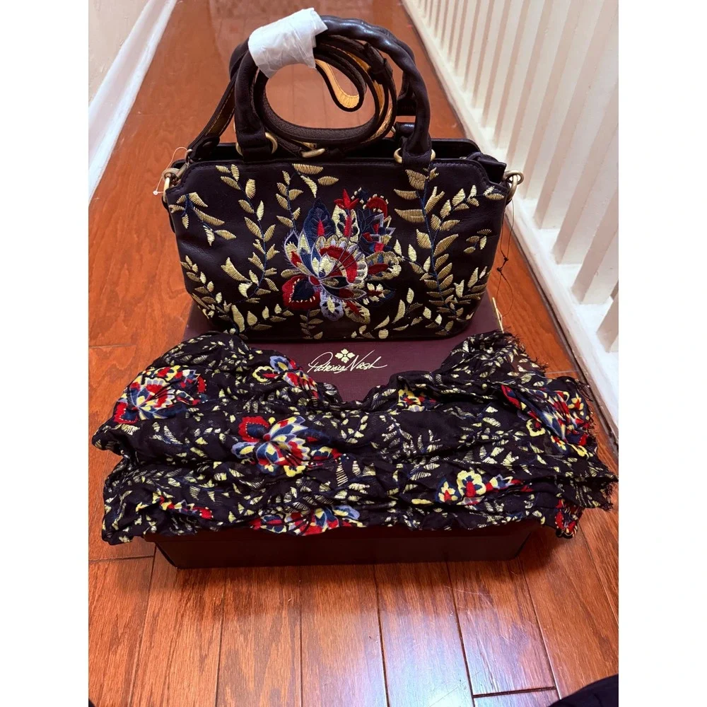 Patricia Nash Embroidered Leather Satchel Floral Handbag Brown with Scarf Box - Picture 1 of 5